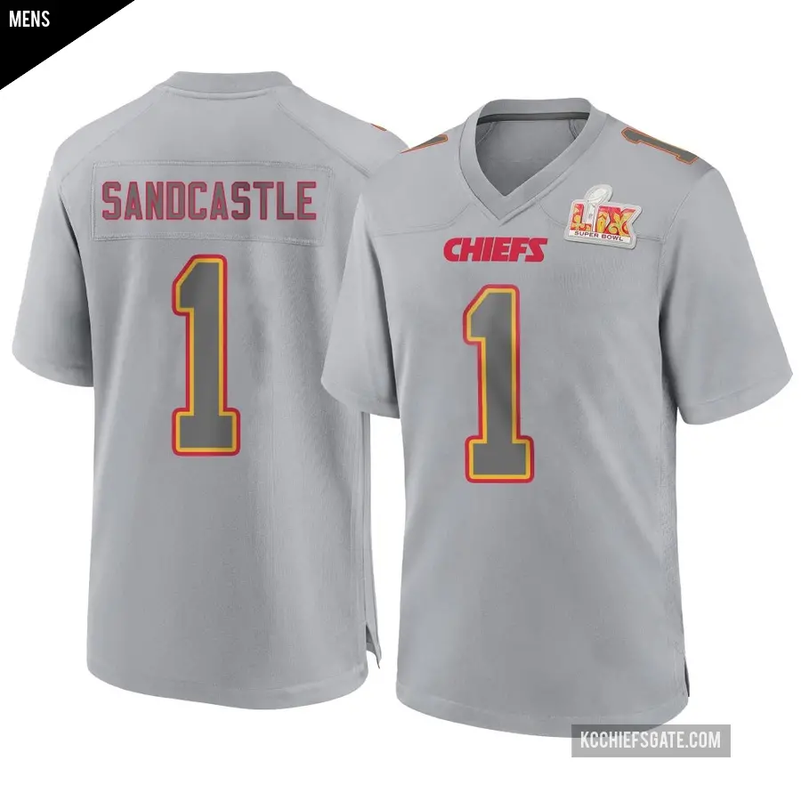 Men's Kansas City Chiefs ＃1 Leon Sandcastle Gray Game Atmosphere Fashion Super Bowl LIX Jersey
