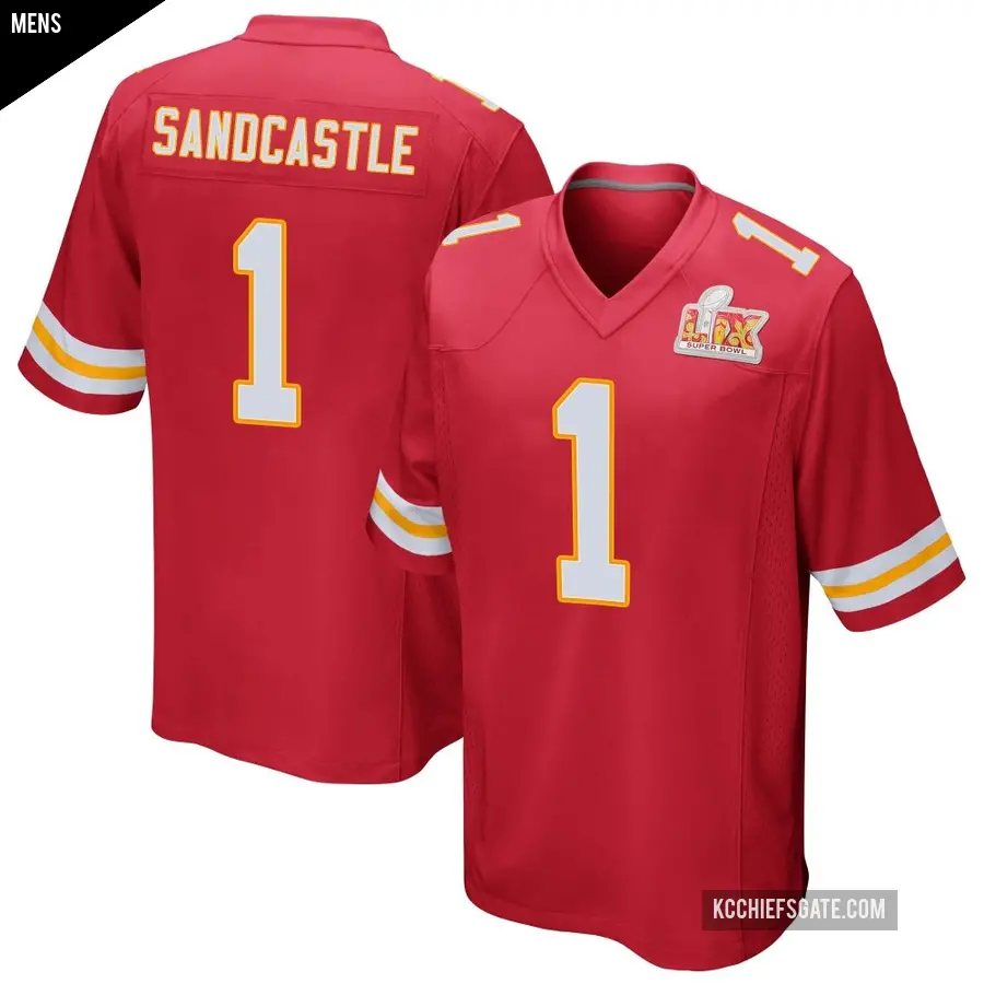 Men's Kansas City Chiefs ＃1 Leon Sandcastle Red Game Team Color Super Bowl LIX Jersey