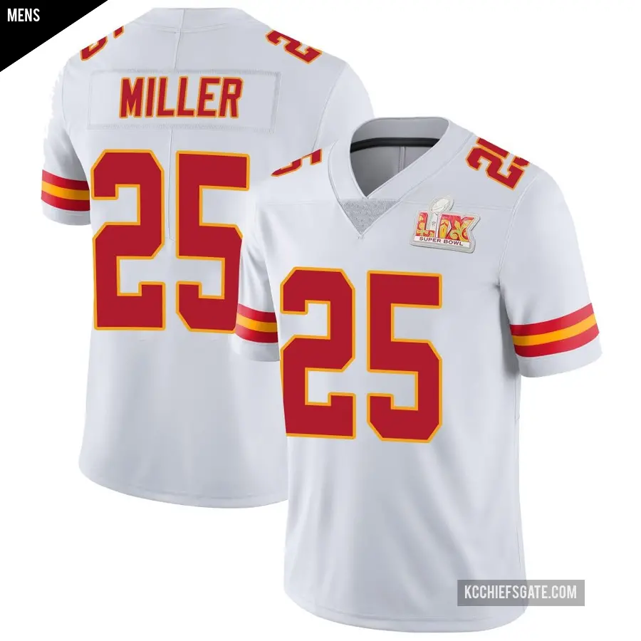 Men's Kansas City Chiefs ＃25 Glendon Miller White Limited Vapor Untouchable Super Bowl LIX Jersey