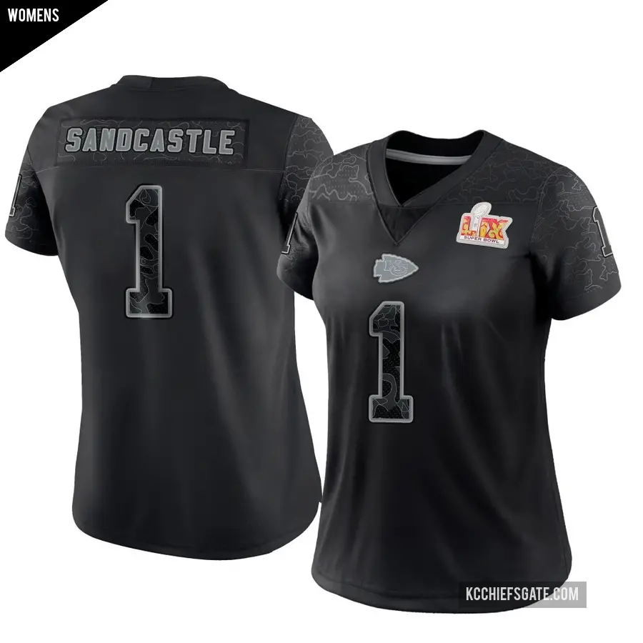 Women's Kansas City Chiefs ＃1 Leon Sandcastle Black Limited Reflective Super Bowl LIX Jersey