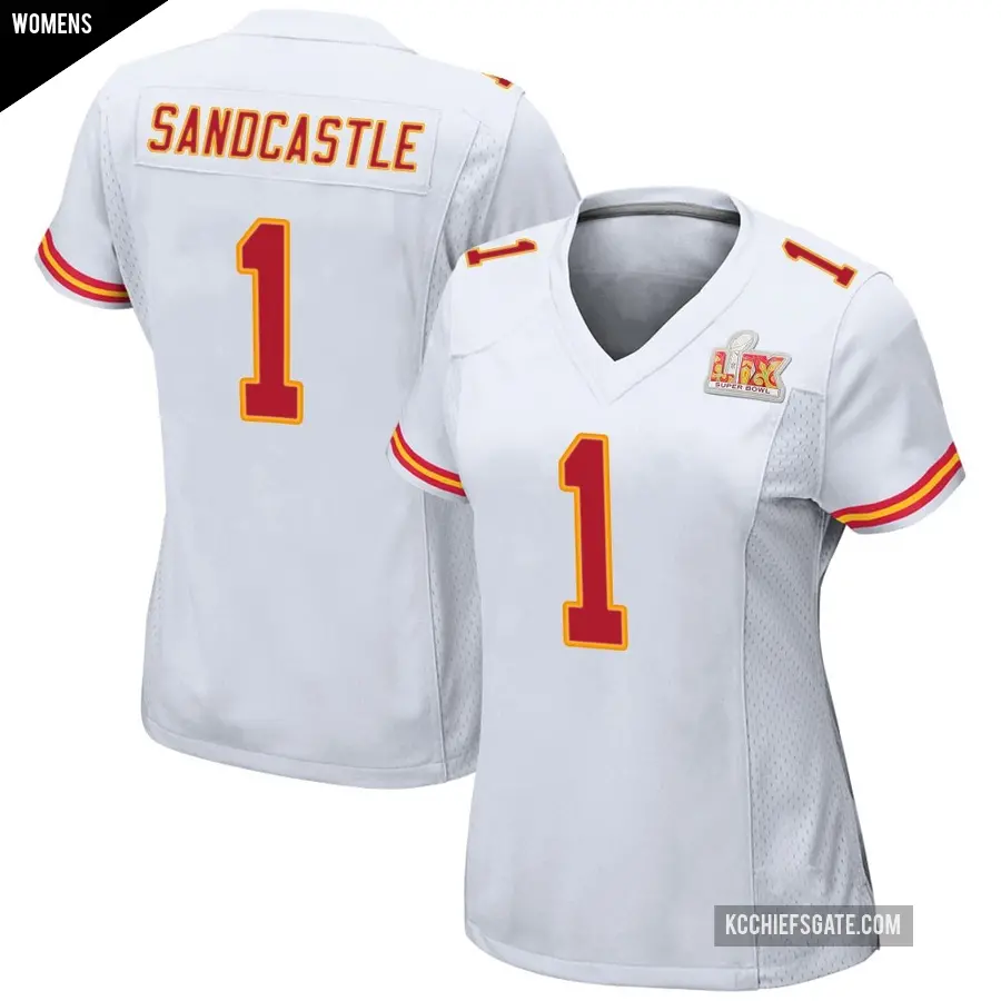 Women's Kansas City Chiefs ＃1 Leon Sandcastle White Game Super Bowl LIX Jersey