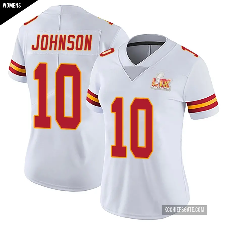 Women's Kansas City Chiefs ＃10 Emmett Johnson White Limited Vapor Untouchable Super Bowl LIX Jersey
