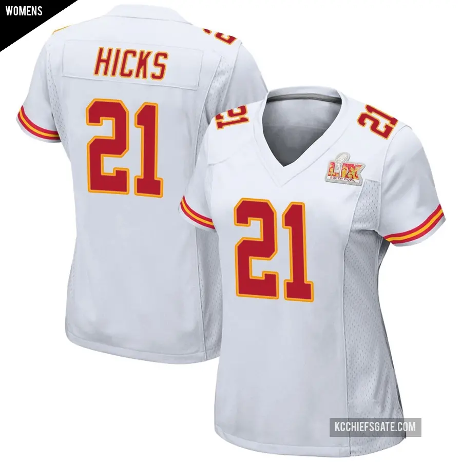 Women's Kansas City Chiefs ＃21 Jaden Hicks White Game Super Bowl LIX Jersey