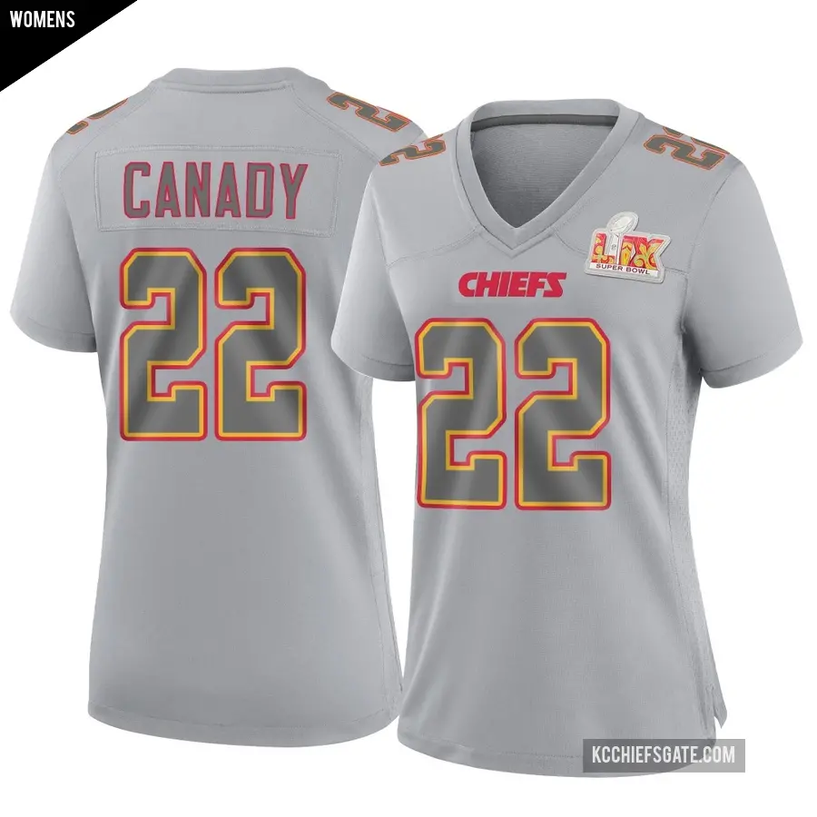 Women's Kansas City Chiefs ＃22 Jadon Canady Gray Game Atmosphere Fashion Super Bowl LIX Jersey