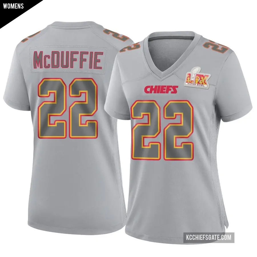 Women's Kansas City Chiefs ＃22 Trent McDuffie Gray Game Atmosphere Fashion Super Bowl LIX Jersey