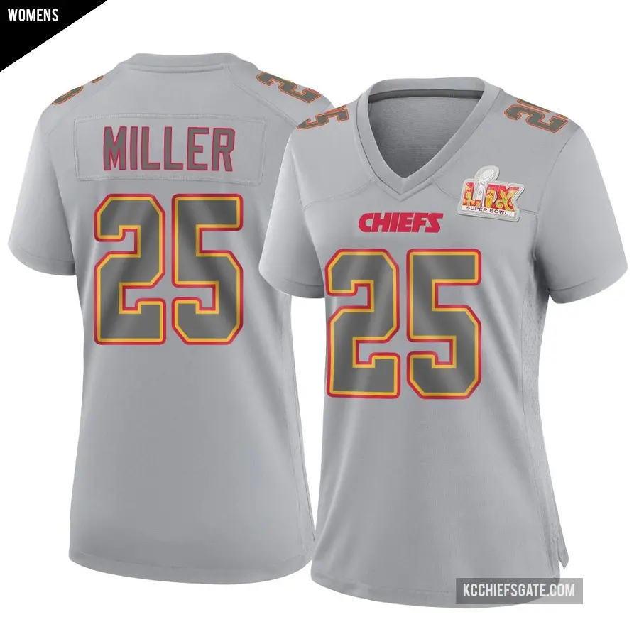 Women's Kansas City Chiefs ＃25 Glendon Miller Gray Game Atmosphere Fashion Super Bowl LIX Jersey