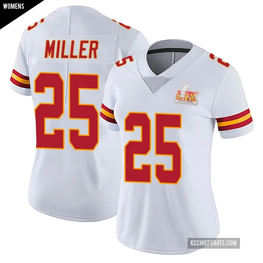 Women's Kansas City Chiefs ＃25 Glendon Miller White Limited Vapor Untouchable Super Bowl LIX Jersey