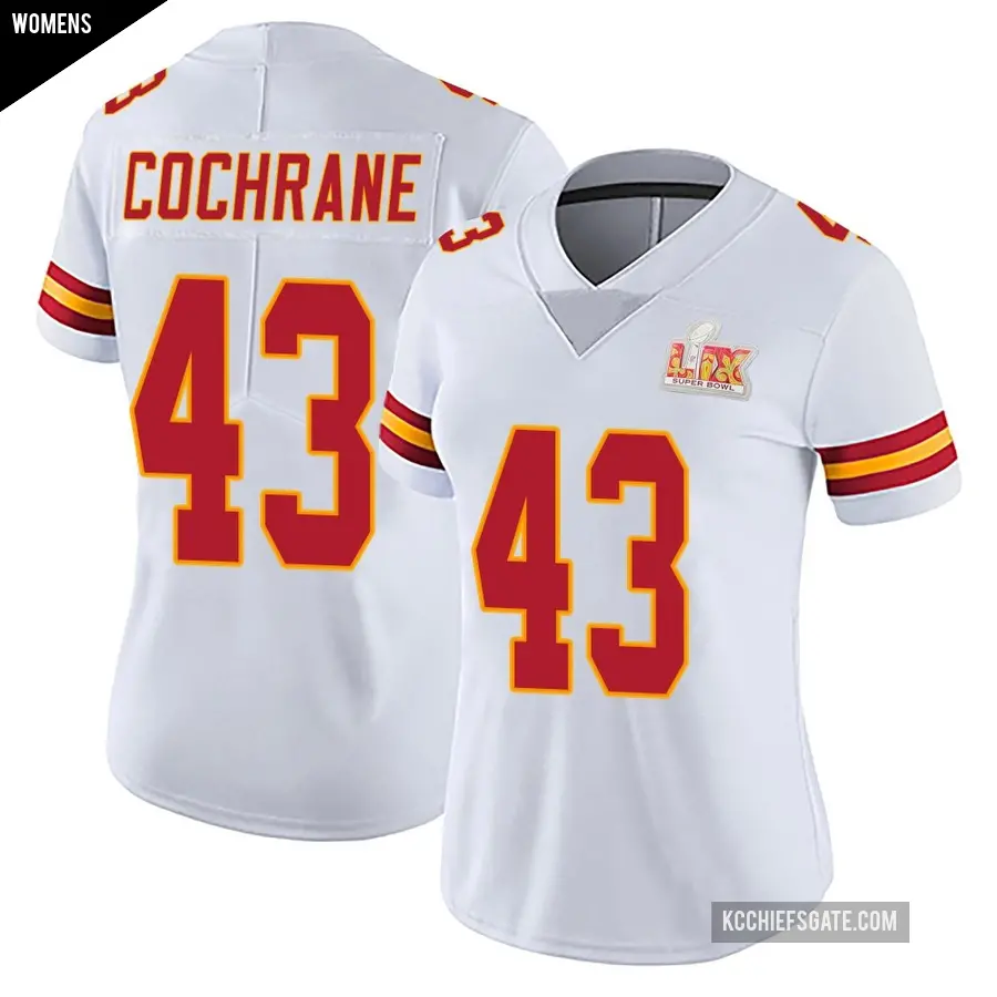 Women's Kansas City Chiefs ＃43 Jack Cochrane White Limited Vapor Untouchable Super Bowl LIX Jersey