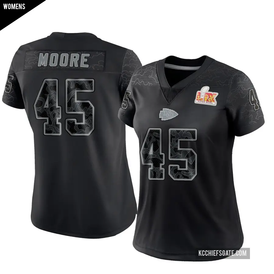 Women's Kansas City Chiefs ＃45 Isaiah Moore Black Limited Reflective Super Bowl LIX Jersey