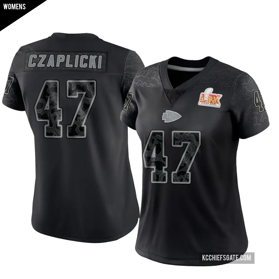 Women's Kansas City Chiefs ＃47 Eddie Czaplicki Black Limited Reflective Super Bowl LIX Jersey