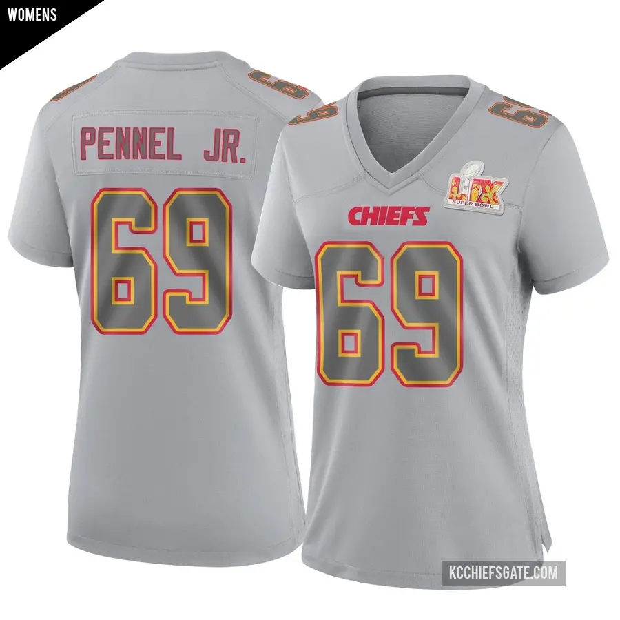 Women's Kansas City Chiefs ＃69 Mike Pennel Jr. Gray Game Atmosphere Fashion Super Bowl LIX Jersey