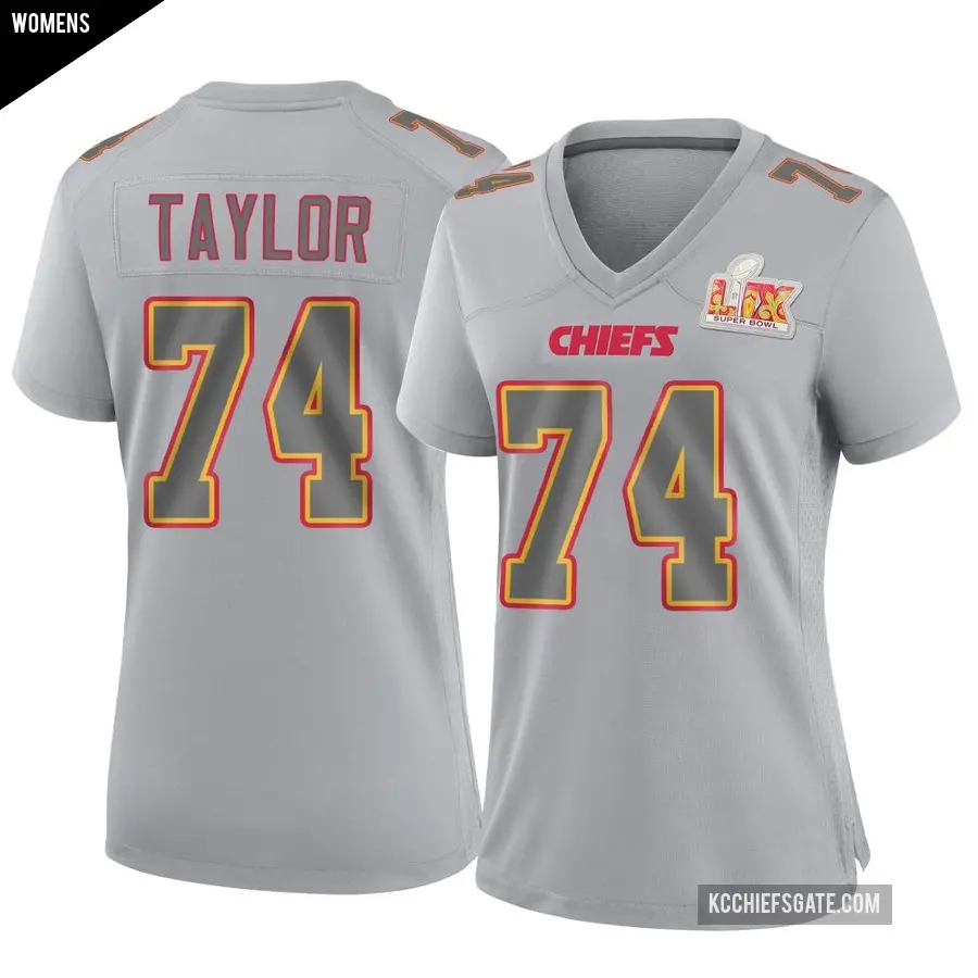Women's Kansas City Chiefs ＃74 Jawaan Taylor Gray Game Atmosphere Fashion Super Bowl LIX Jersey