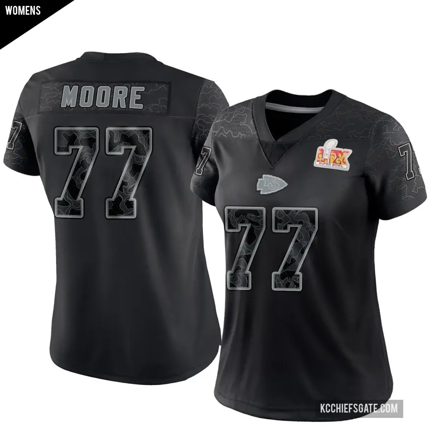 Women's Kansas City Chiefs ＃77 Jaylon Moore Black Limited Reflective Super Bowl LIX Jersey