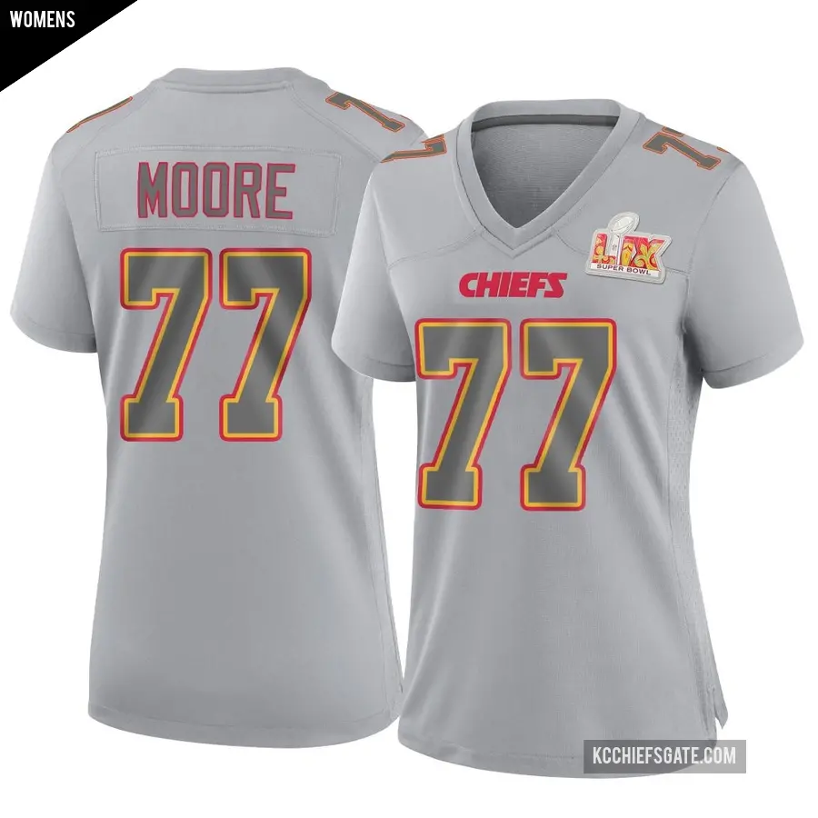 Women's Kansas City Chiefs ＃77 Jaylon Moore Gray Game Atmosphere Fashion Super Bowl LIX Jersey