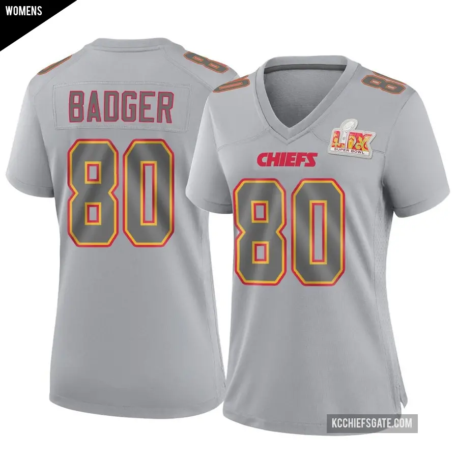 Women's Kansas City Chiefs ＃80 Elijhah Badger Gray Game Atmosphere Fashion Super Bowl LIX Jersey