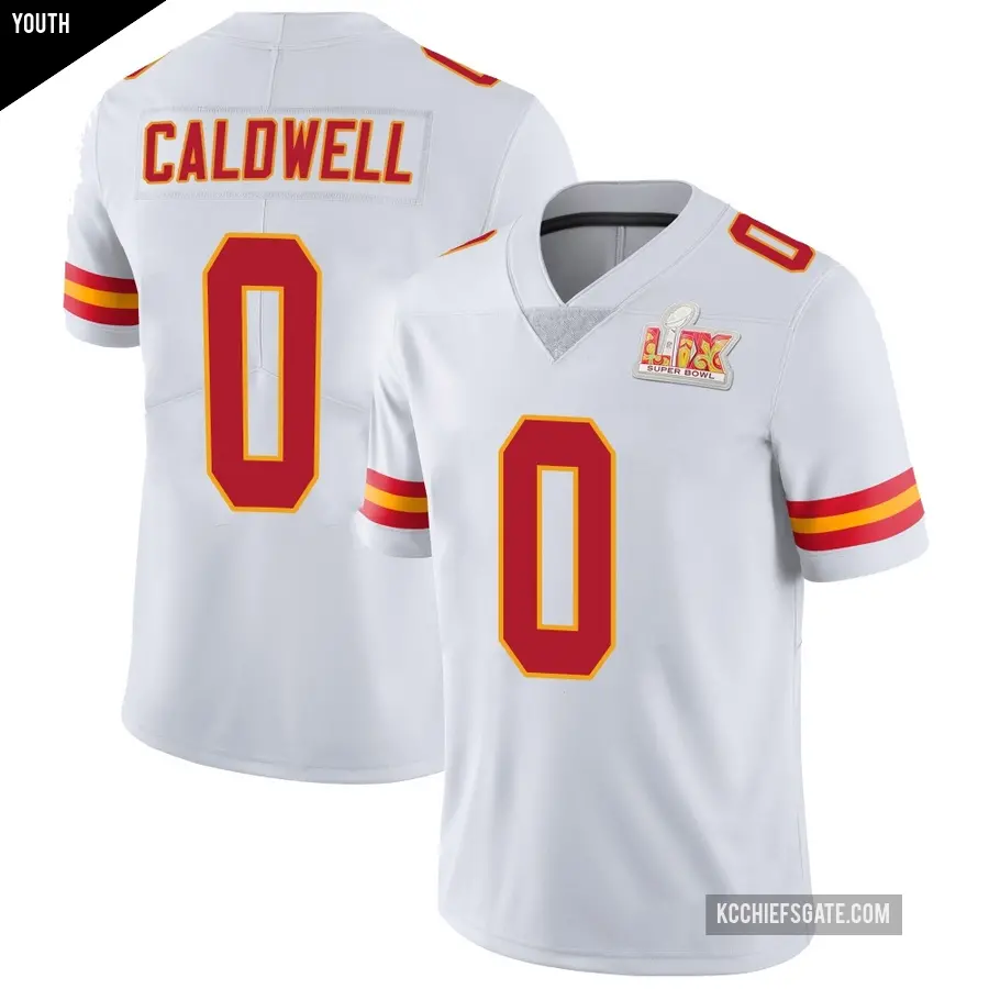 Youth Kansas City Chiefs ＃0 Jeff Caldwell White Limited Vapor Untouchable Super Bowl LIX Jersey