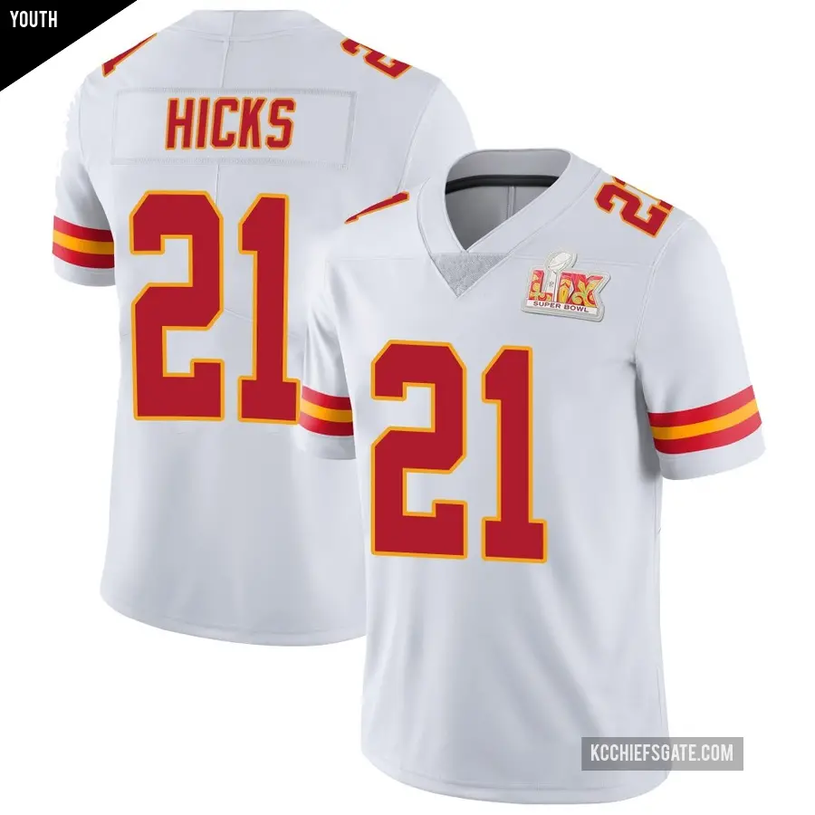 Youth Kansas City Chiefs ＃21 Jaden Hicks White Limited Vapor Untouchable Super Bowl LIX Jersey