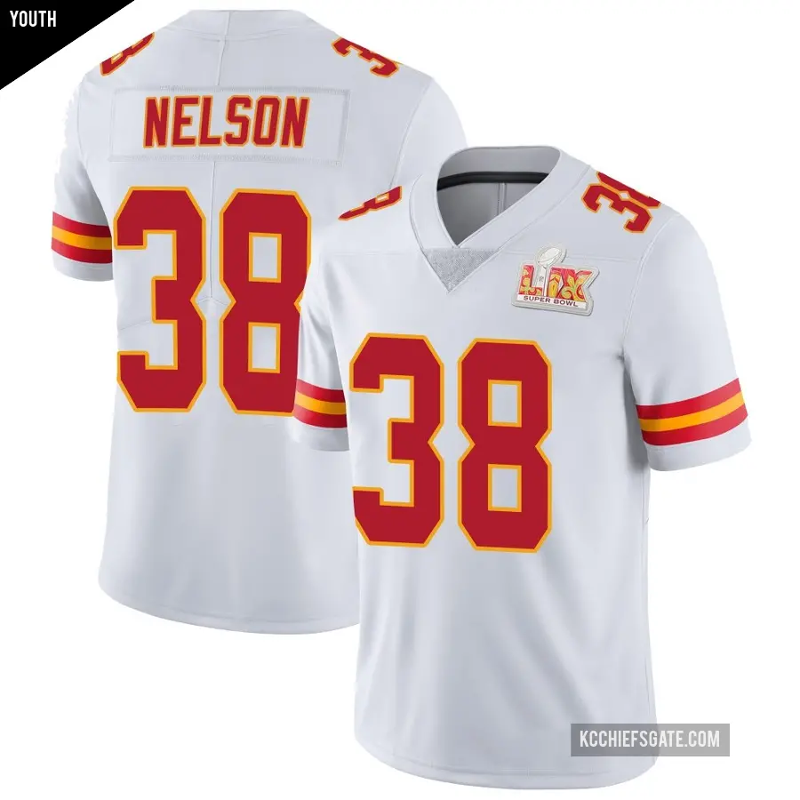 Youth Kansas City Chiefs ＃38 Steven Nelson White Limited Vapor Untouchable Super Bowl LIX Jersey