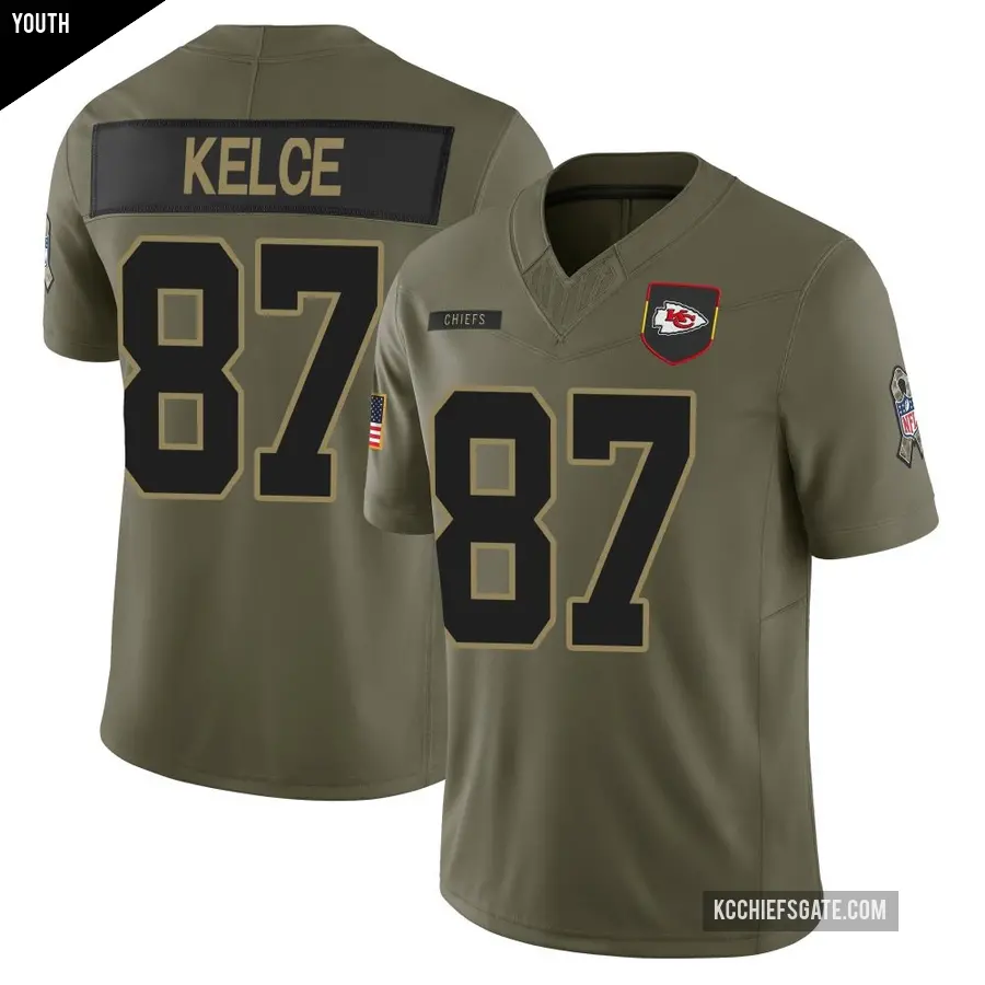 Youth Kansas City Chiefs ＃87 Travis Kelce Olive Limited 2025 Salute to Service Jersey