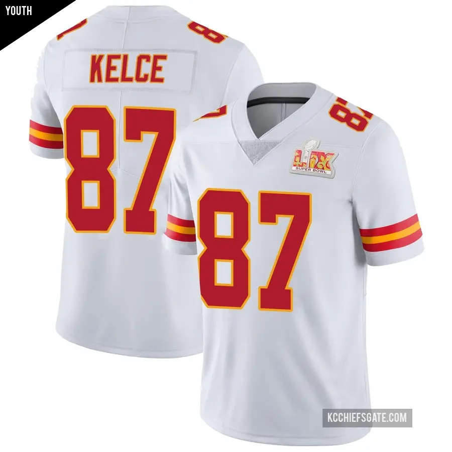 Youth Kansas City Chiefs ＃87 Travis Kelce White Limited Vapor Untouchable Super Bowl LIX Jersey